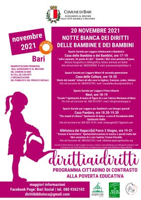 SABATO 20 NOVEMBRE GLI APPUNTAMENTI CON LA NOTTE BIANCA DEI DIRITTI DEI BAMBINI E DEI RAGAZZI  NELL’AMBITO DEL PROGRAMMA “DIRITTI AI DIRITTI” PER IL CONTRASTO  ALLE POVERTÀ EDUCATIVE