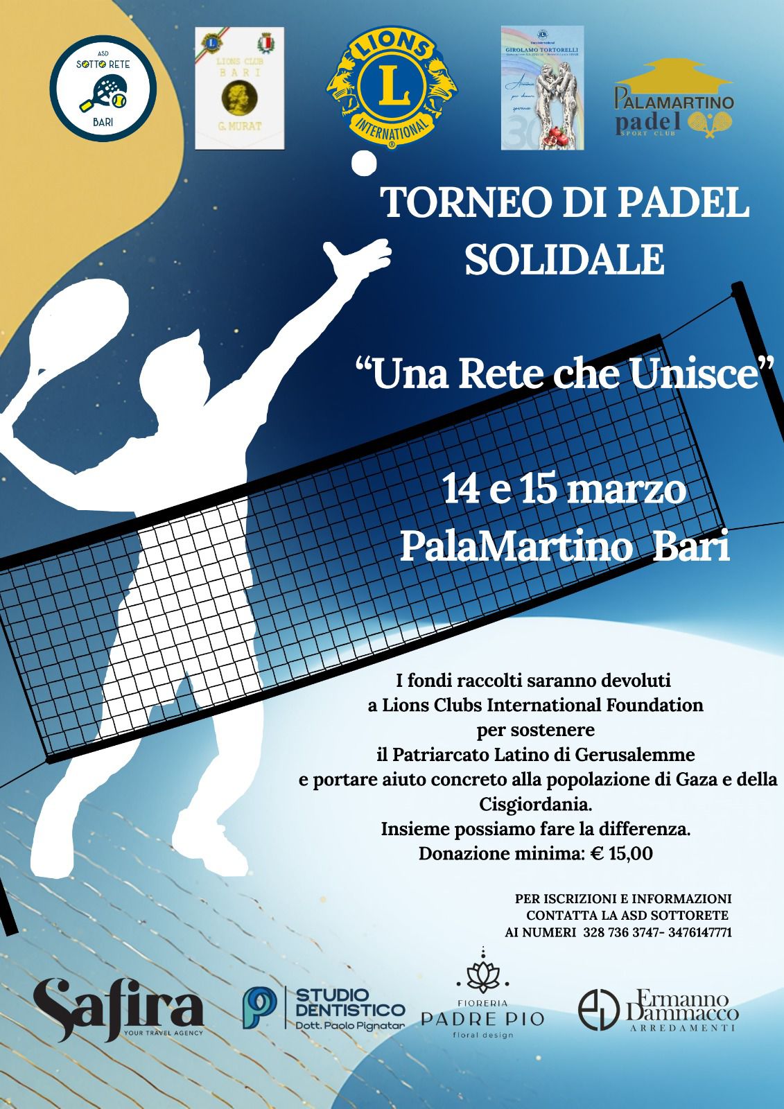 Domani e domenica al Palamartino il torneo solidale di padel organizzato dal Lions Club G. Murat Bari e Sotto Rete Bari per sostenere le popolazioni di Gaza e della Cisgiordania